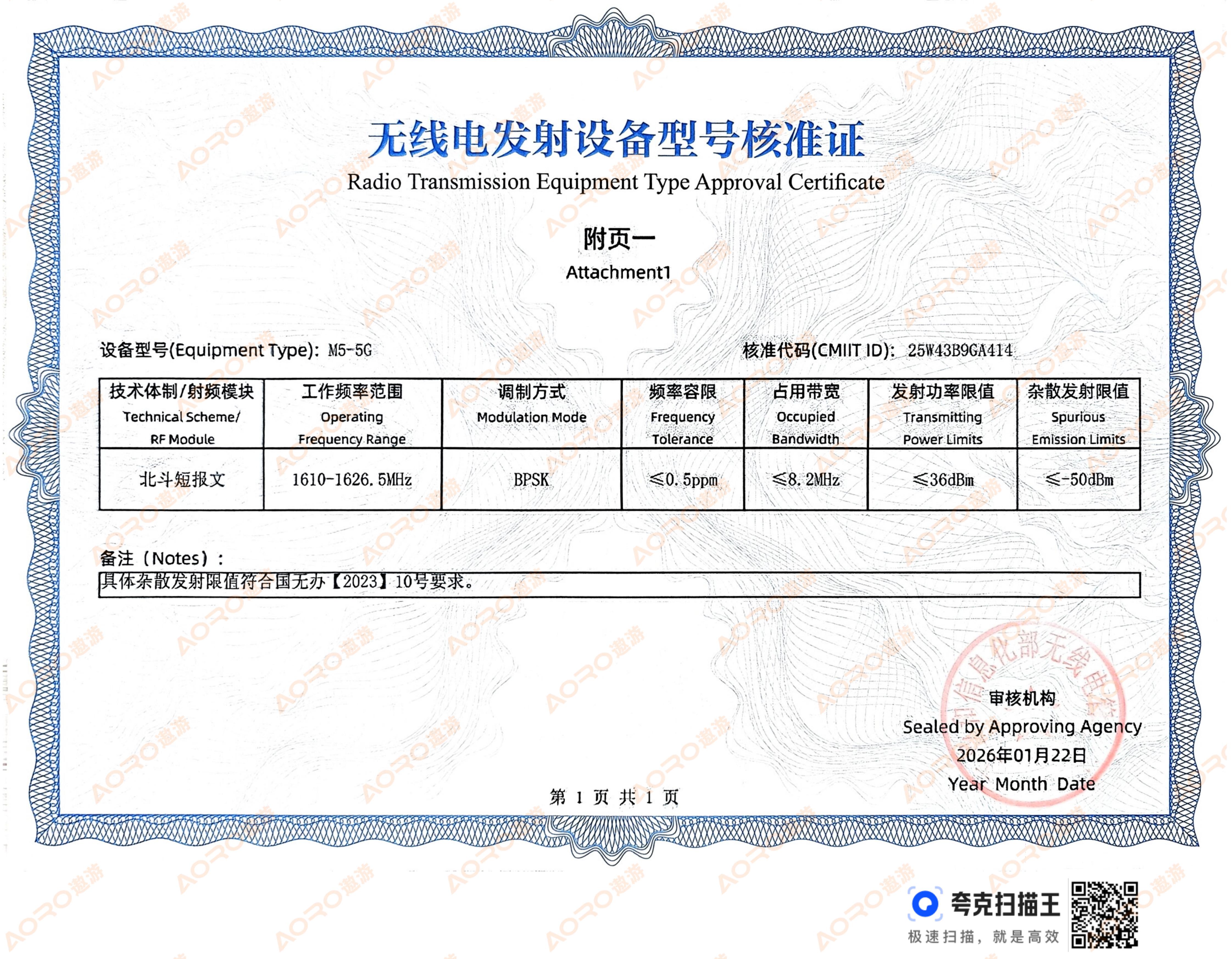 无线电发射设备型号核准证